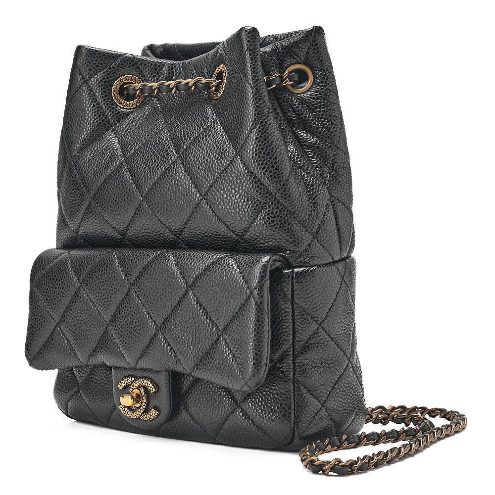 CHANEL Chanel Caviar Skin Drawstring Outside Flap Matelasse Chain Backpack Black Gold-Tone Hardware, Pre-Owned