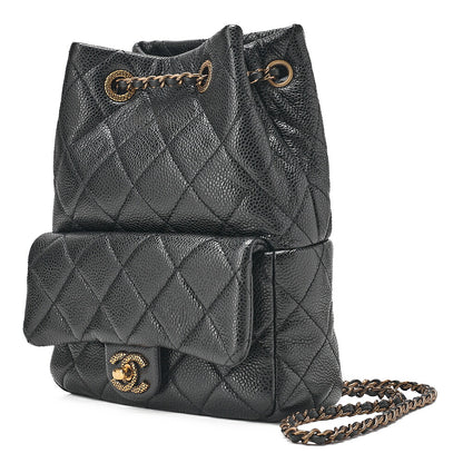 CHANEL Chanel Caviar Skin Drawstring Outside Flap Matelasse Chain Backpack Black Gold-Tone Hardware, Pre-Owned