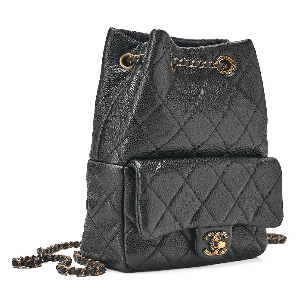 CHANEL Chanel Caviar Skin Drawstring Outside Flap Matelasse Chain Backpack Black Gold-Tone Hardware, Pre-Owned