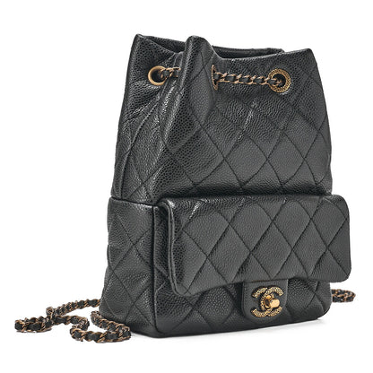 CHANEL Chanel Caviar Skin Drawstring Outside Flap Matelasse Chain Backpack Black Gold-Tone Hardware, Pre-Owned