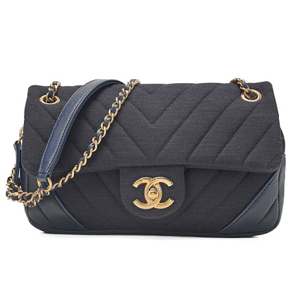 CHANEL Cotton x Lamb Chevron Single Chain Shoulder Navy Gold-Tone Hardware, Pre-Owned