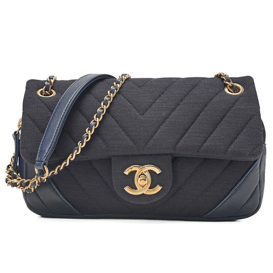 CHANEL Cotton x Lamb Chevron Single Chain Shoulder Navy Gold-Tone Hardware, Pre-Owned