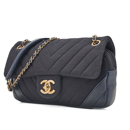 CHANEL Cotton x Lamb Chevron Single Chain Shoulder Navy Gold-Tone Hardware, Pre-Owned
