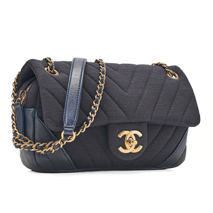 CHANEL Cotton x Lamb Chevron Single Chain Shoulder Navy Gold-Tone Hardware, Pre-Owned