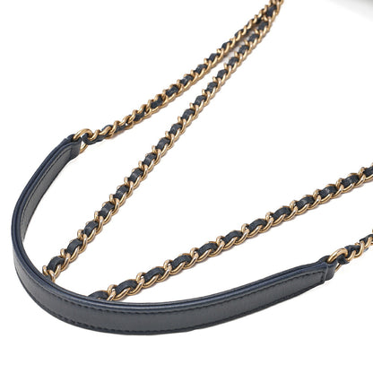 CHANEL Cotton x Lamb Chevron Single Chain Shoulder Navy Gold-Tone Hardware, Pre-Owned