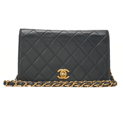 CHANEL Lambskin Matelasse Full Flap 19cm Turn Lock Chain Shoulder BlackGold-Tone Hardware, Pre-Owned