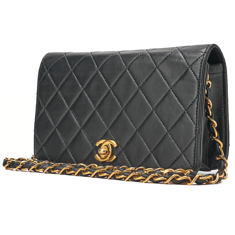 CHANEL Lambskin Matelasse Full Flap 19cm Turn Lock Chain Shoulder BlackGold-Tone Hardware, Pre-Owned