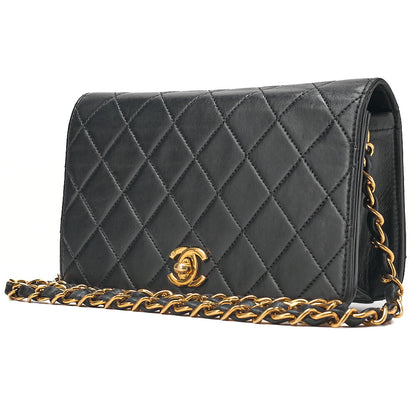 CHANEL Lambskin Matelasse Full Flap 19cm Turn Lock Chain Shoulder BlackGold-Tone Hardware, Pre-Owned