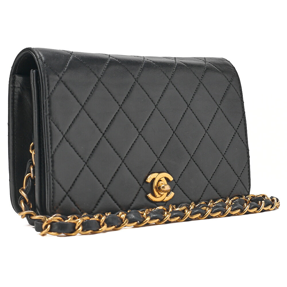 CHANEL Lambskin Matelasse Full Flap 19cm Turn Lock Chain Shoulder BlackGold-Tone Hardware, Pre-Owned
