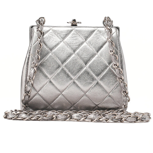 CHANEL Lambskin Matelasse Kiss Clasp Chain Shoulder Silver Silver-Tone Hardware, Pre-Owned
