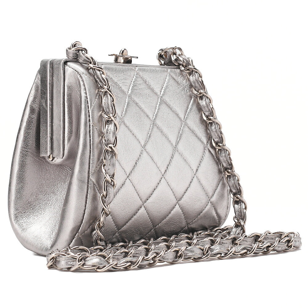 CHANEL Lambskin Matelasse Kiss Clasp Chain Shoulder Silver Silver-Tone Hardware, Pre-Owned