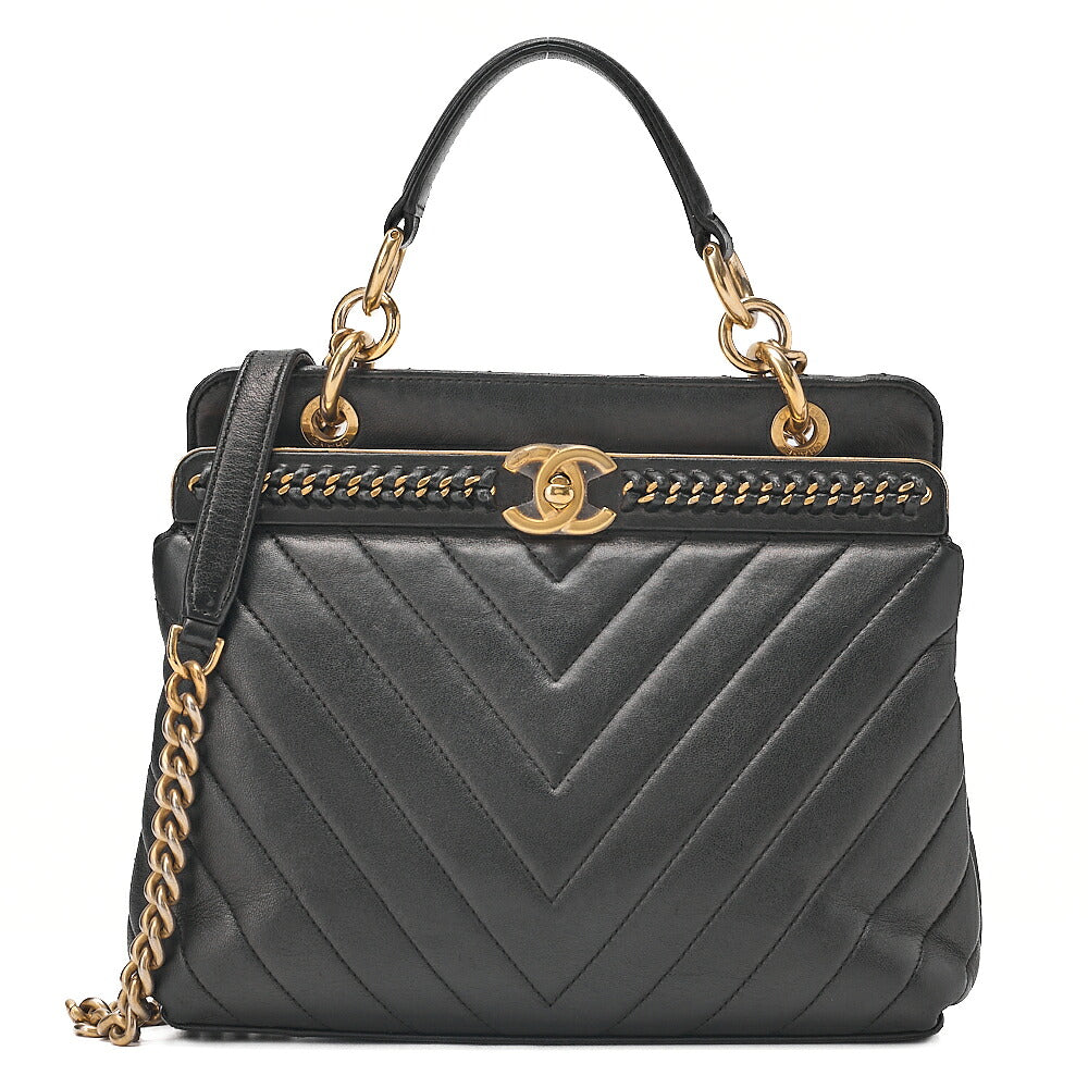 CHANEL Lambskin V-Stitch 2-way Chain Shoulder Black Gold-Tone Hardware, Pre-Owned