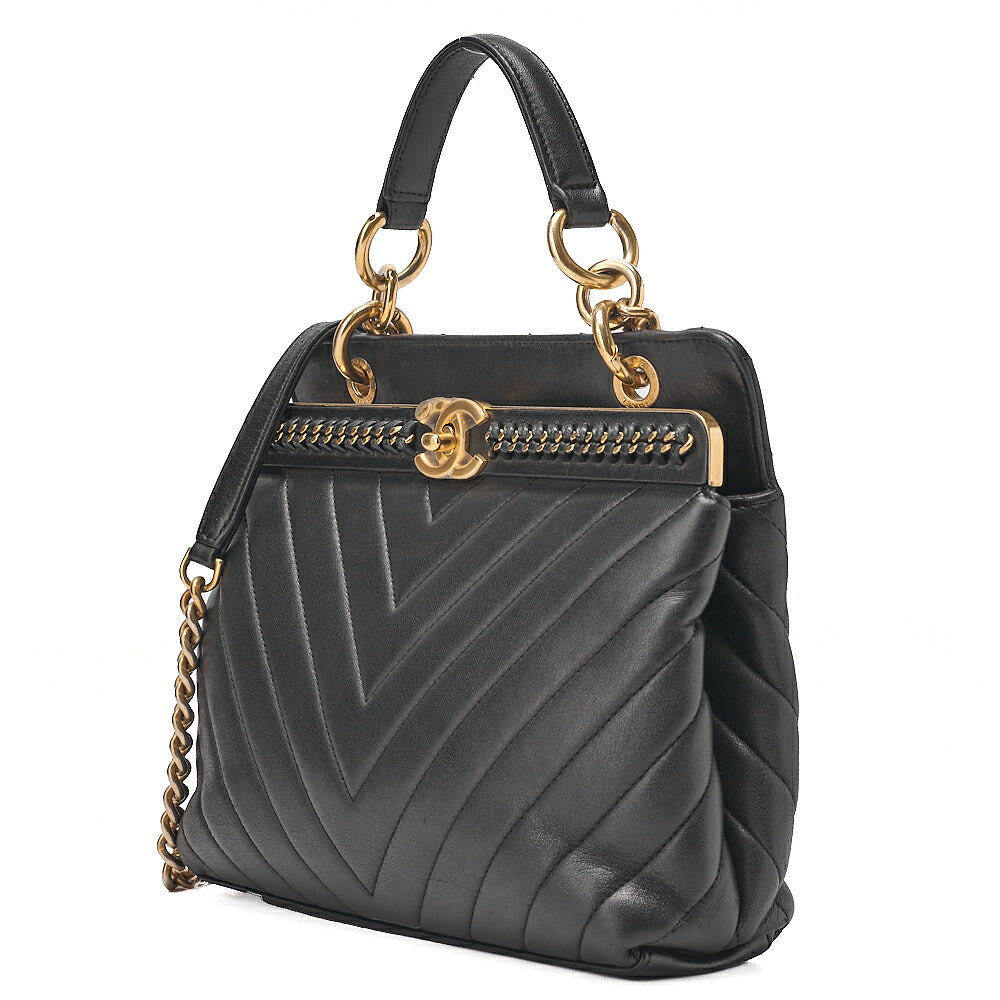 CHANEL Lambskin V-Stitch 2-way Chain Shoulder Black Gold-Tone Hardware, Pre-Owned