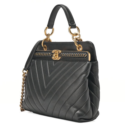 CHANEL Lambskin V-Stitch 2-way Chain Shoulder Black Gold-Tone Hardware, Pre-Owned