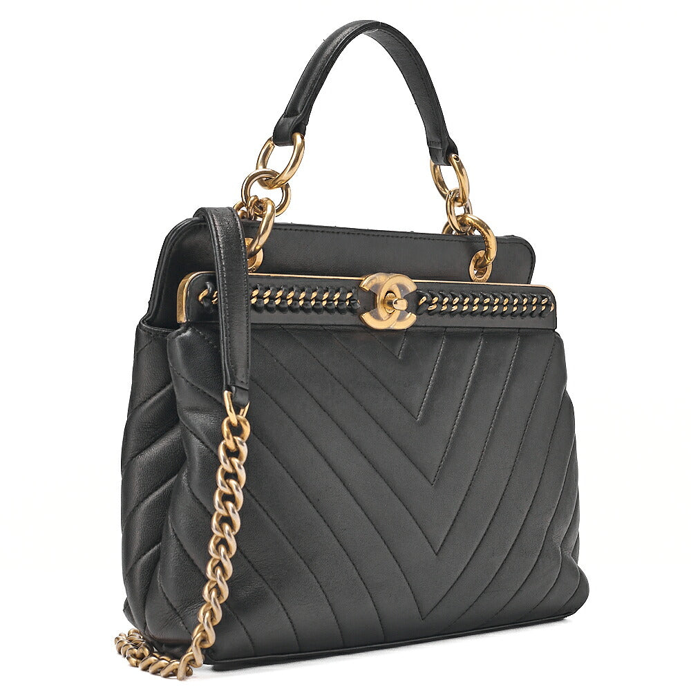 CHANEL Lambskin V-Stitch 2-way Chain Shoulder Black Gold-Tone Hardware, Pre-Owned