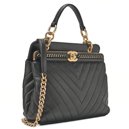 CHANEL Lambskin V-Stitch 2-way Chain Shoulder Black Gold-Tone Hardware, Pre-Owned
