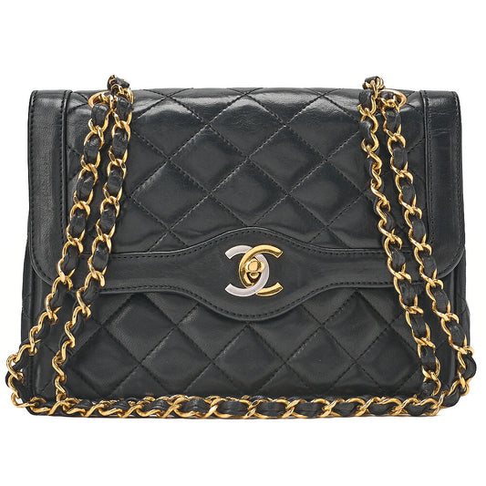 CHANEL Lambskin Matelasse Paris Limited 22cm Double Flap Shoulder Bag Black Gold-Tone Hardware, Pre-Owned