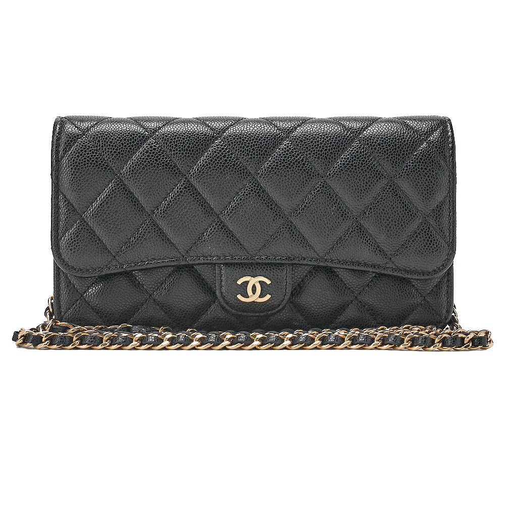 CHANEL Caviar Skin Matelasse Chain Wallet Black Gold-Tone Hardware, Pre-Owned