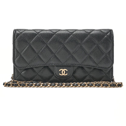 CHANEL Caviar Skin Matelasse Chain Wallet Black Gold-Tone Hardware, Pre-Owned