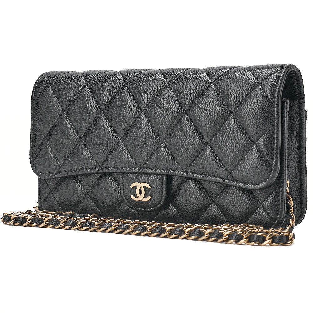 CHANEL Caviar Skin Matelasse Chain Wallet Black Gold-Tone Hardware, Pre-Owned