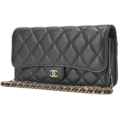 CHANEL Caviar Skin Matelasse Chain Wallet Black Gold-Tone Hardware, Pre-Owned