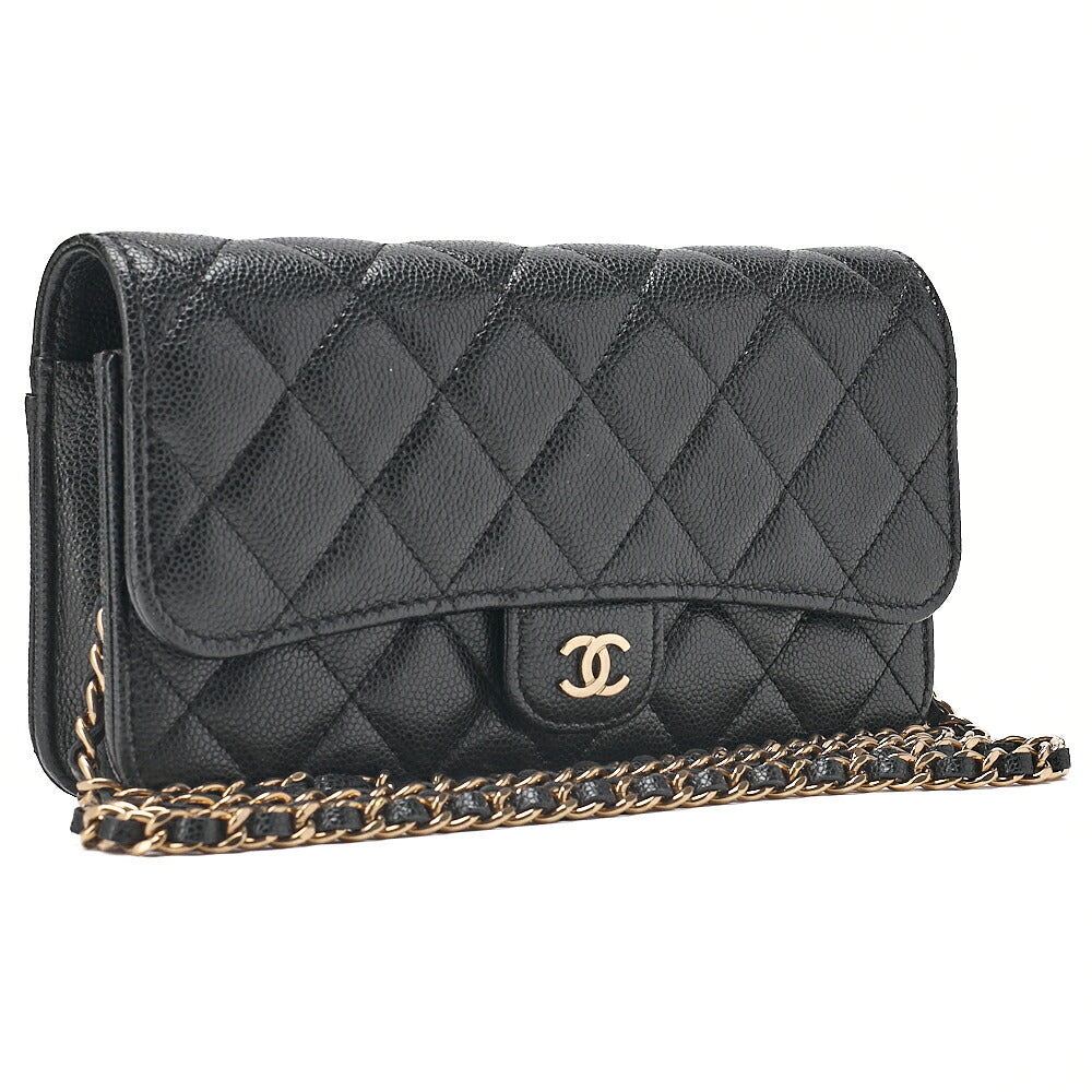 CHANEL Caviar Skin Matelasse Chain Wallet Black Gold-Tone Hardware, Pre-Owned