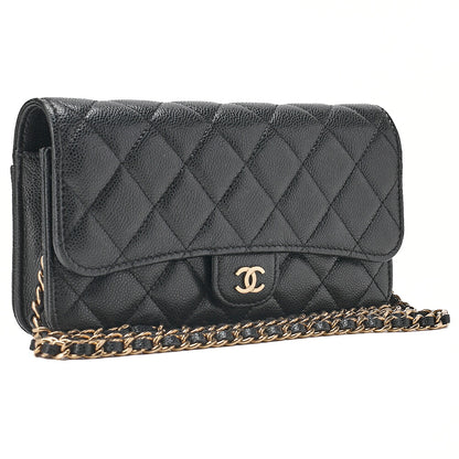 CHANEL Caviar Skin Matelasse Chain Wallet Black Gold-Tone Hardware, Pre-Owned