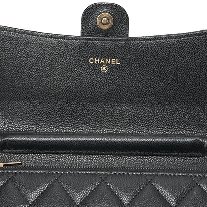 CHANEL Caviar Skin Matelasse Chain Wallet Black Gold-Tone Hardware, Pre-Owned