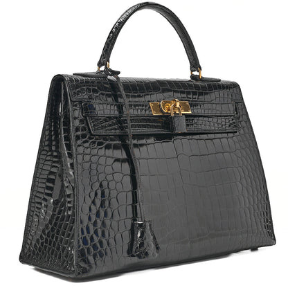 Hermes Hermes Crocodile Porosas Kelly 32 Handbag Black Gold-Tone Hardware, Pre-Owned
