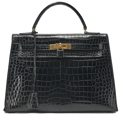 Hermes Hermes Crocodile Porosas Kelly 32 Handbag Black Gold-Tone Hardware, Pre-Owned