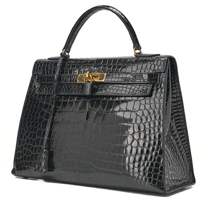 Hermes Hermes Crocodile Porosas Kelly 32 Handbag Black Gold-Tone Hardware, Pre-Owned