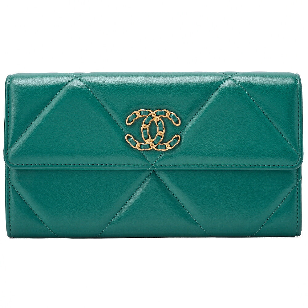 CHANEL Chanel Matelasse Lambskin Chanel 19 Bifold Long Wallet Green Gold-Tone Hardware, Pre-Owned
