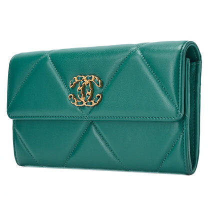 CHANEL Chanel Matelasse Lambskin Chanel 19 Bifold Long Wallet Green Gold-Tone Hardware, Pre-Owned