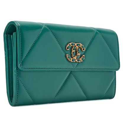 CHANEL Chanel Matelasse Lambskin Chanel 19 Bifold Long Wallet Green Gold-Tone Hardware, Pre-Owned