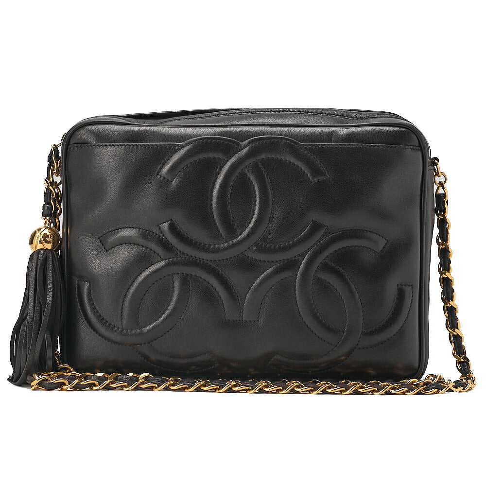 CHANEL Shoulder Bag Triple Coco with Fringe Lambskin Black Gold-Tone Hardware, Pre-Owned