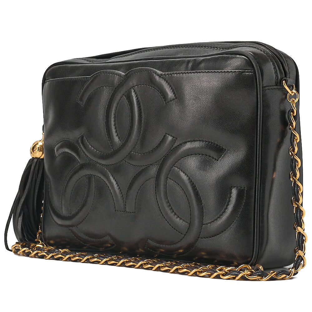 CHANEL Shoulder Bag Triple Coco with Fringe Lambskin Black Gold-Tone Hardware, Pre-Owned