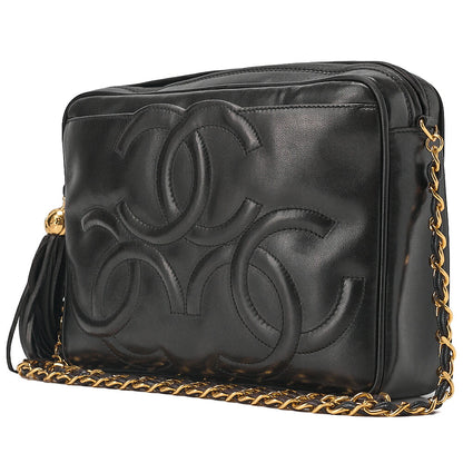 CHANEL Shoulder Bag Triple Coco with Fringe Lambskin Black Gold-Tone Hardware, Pre-Owned