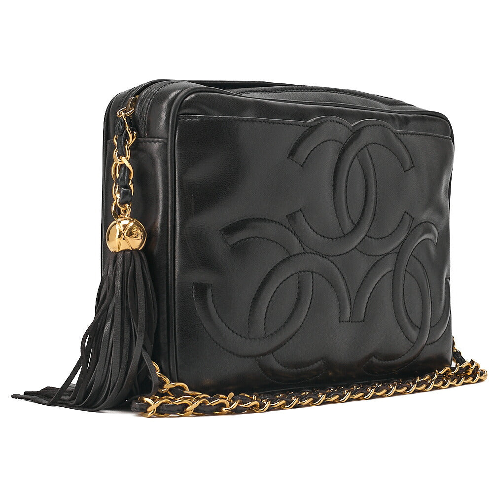 CHANEL Shoulder Bag Triple Coco with Fringe Lambskin Black Gold-Tone Hardware, Pre-Owned
