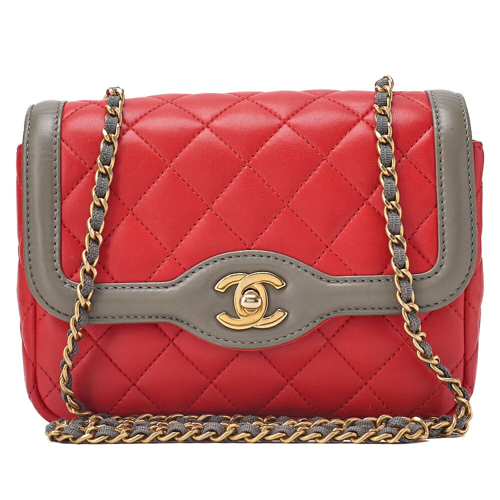 CHANEL Chain Shoulder Bag Mini Matelasse 18cm Single Flap Lambskin Bicolor Red x Green Gold-Tone Hardware, Pre-Owned