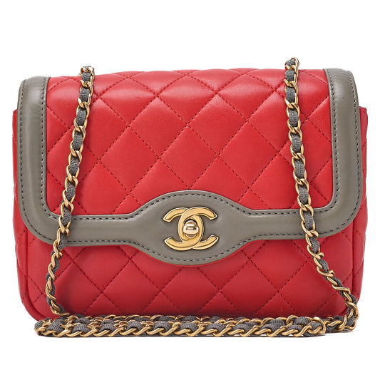 CHANEL Chain Shoulder Bag Mini Matelasse 18cm Single Flap Lambskin Bicolor Red x Green Gold-Tone Hardware, Pre-Owned