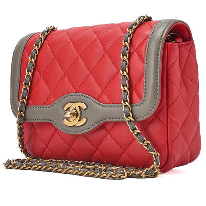 CHANEL Chain Shoulder Bag Mini Matelasse 18cm Single Flap Lambskin Bicolor Red x Green Gold-Tone Hardware, Pre-Owned