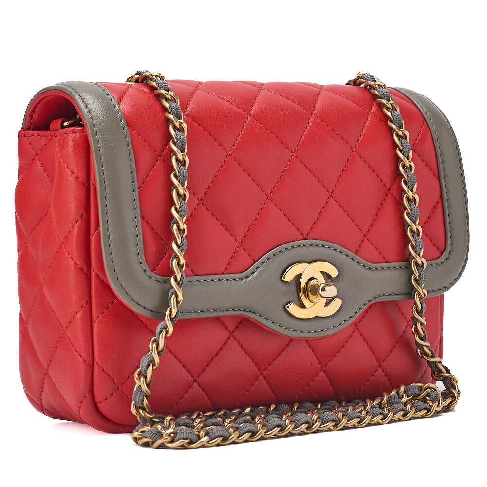 CHANEL Chain Shoulder Bag Mini Matelasse 18cm Single Flap Lambskin Bicolor Red x Green Gold-Tone Hardware, Pre-Owned