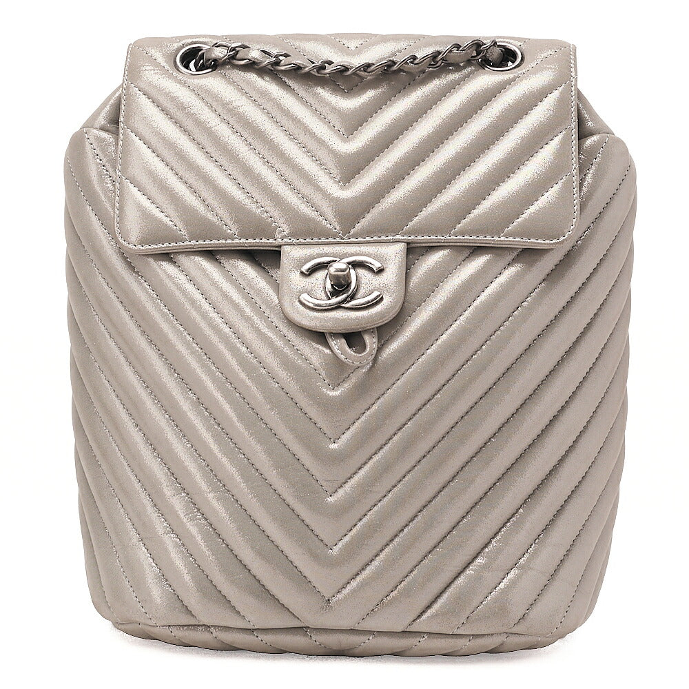 CHANEL Matelasse Turn Lock Chain Backpack Super Crew Leather Silver Silver-Tone Hardware, Pre-Owned
