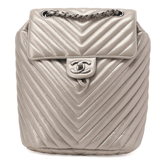 CHANEL Matelasse Turn Lock Chain Backpack Super Crew Leather Silver Silver-Tone Hardware, Pre-Owned