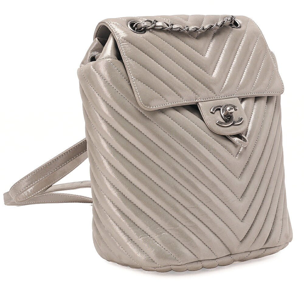 CHANEL Matelasse Turn Lock Chain Backpack Super Crew Leather Silver Silver-Tone Hardware, Pre-Owned