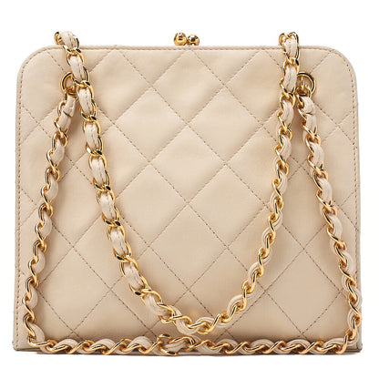 CHANEL Lambskin Matelasse Clasp Chain Handbag Beige Gold-Tone Hardware, Pre-Owned