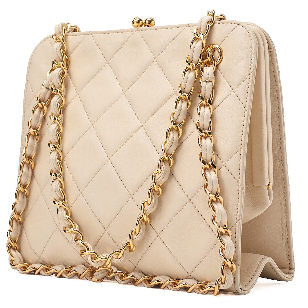 CHANEL Lambskin Matelasse Clasp Chain Handbag Beige Gold-Tone Hardware, Pre-Owned