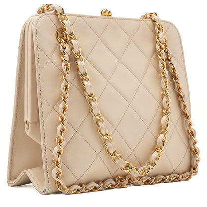 CHANEL Lambskin Matelasse Clasp Chain Handbag Beige Gold-Tone Hardware, Pre-Owned