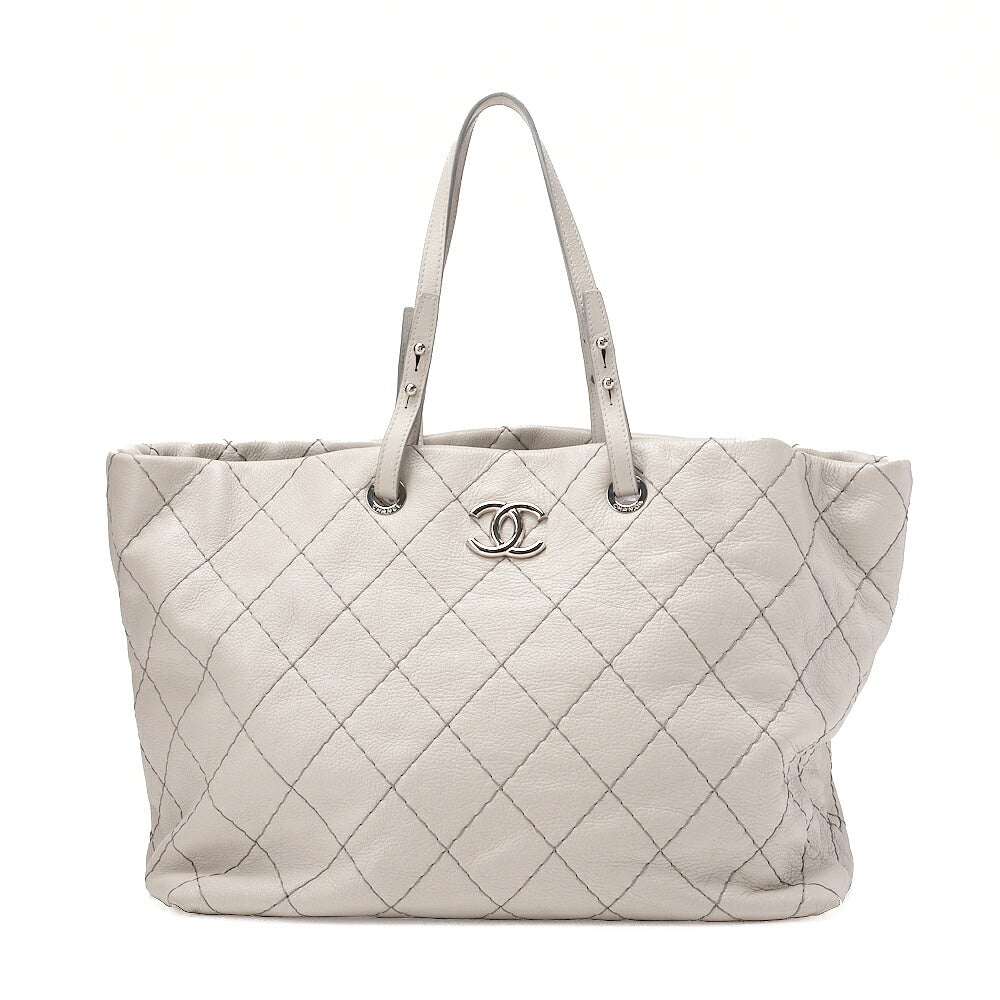 CHANEL Leather Tote Bag Matelasse Coco Mark Ozan Road Large Size Gray Silver-Tone Hardware, Pre-Owned