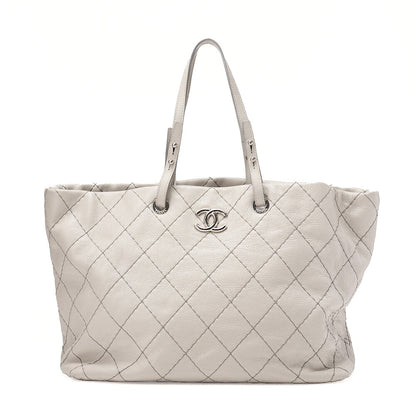 CHANEL Leather Tote Bag Matelasse Coco Mark Ozan Road Large Size Gray Silver-Tone Hardware, Pre-Owned